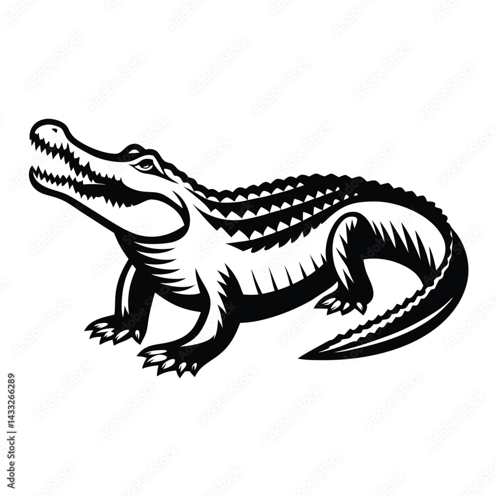 Fototapeta premium Alligator open mouth illustration, ferocious reptile, isolated monochrome animal outline drawing