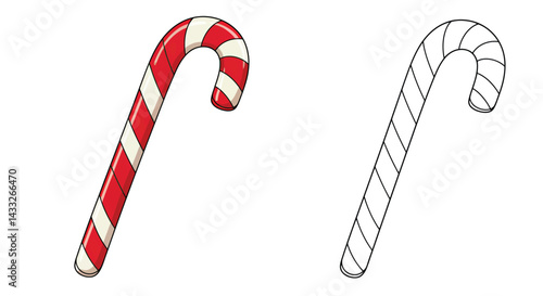 Festive Candy Cane Duo: A delightful presentation of a candy cane, one colored and the other as a sketch outline, evokes warmth and cheer.