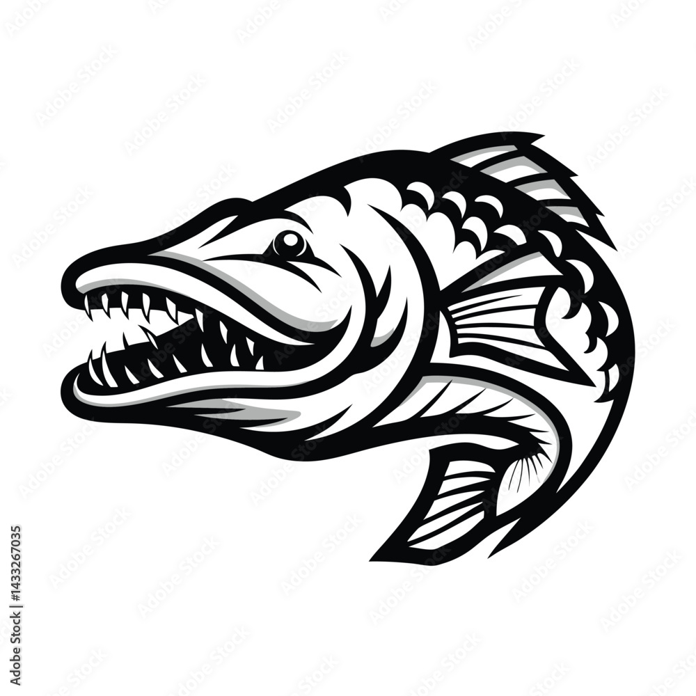 Monochrome Pike Fish with Open Mouth and Sharp Teeth, Detailed Black & White Monochrome Pike Fish with Open Mouth and Sharp Teeth, Detailed Black & White