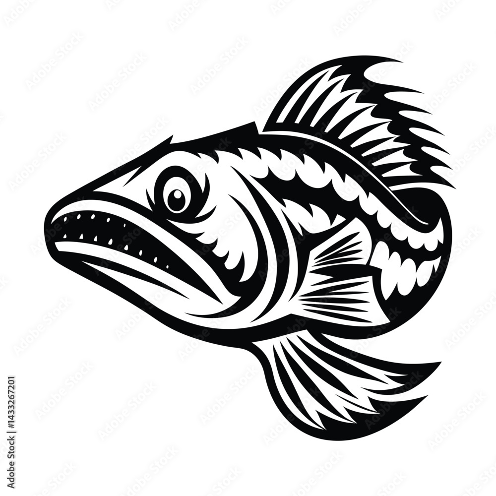Black and White Decorative Ornamental Fish Design, Aquatic Animal, Sharp Teeth, Fauna Black and White Decorative Ornamental Fish Design, Aquatic Animal, Sharp Teeth, Fauna