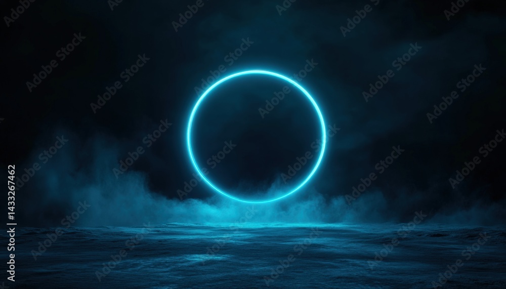 Glowing blue circle in smoky landscape Glowing blue circle in smoky landscape