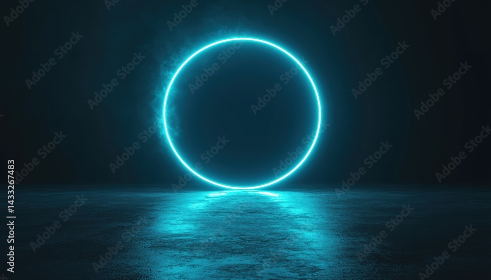 Glowing blue circle on dark floor Glowing blue circle on dark floor