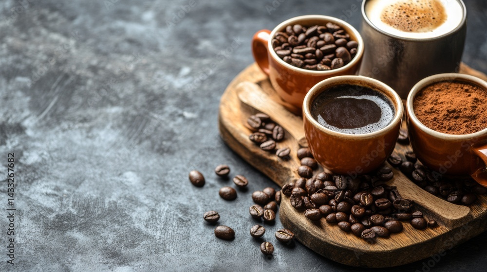 Coffee setup with beans and ground in cups Coffee setup with beans and ground in cups