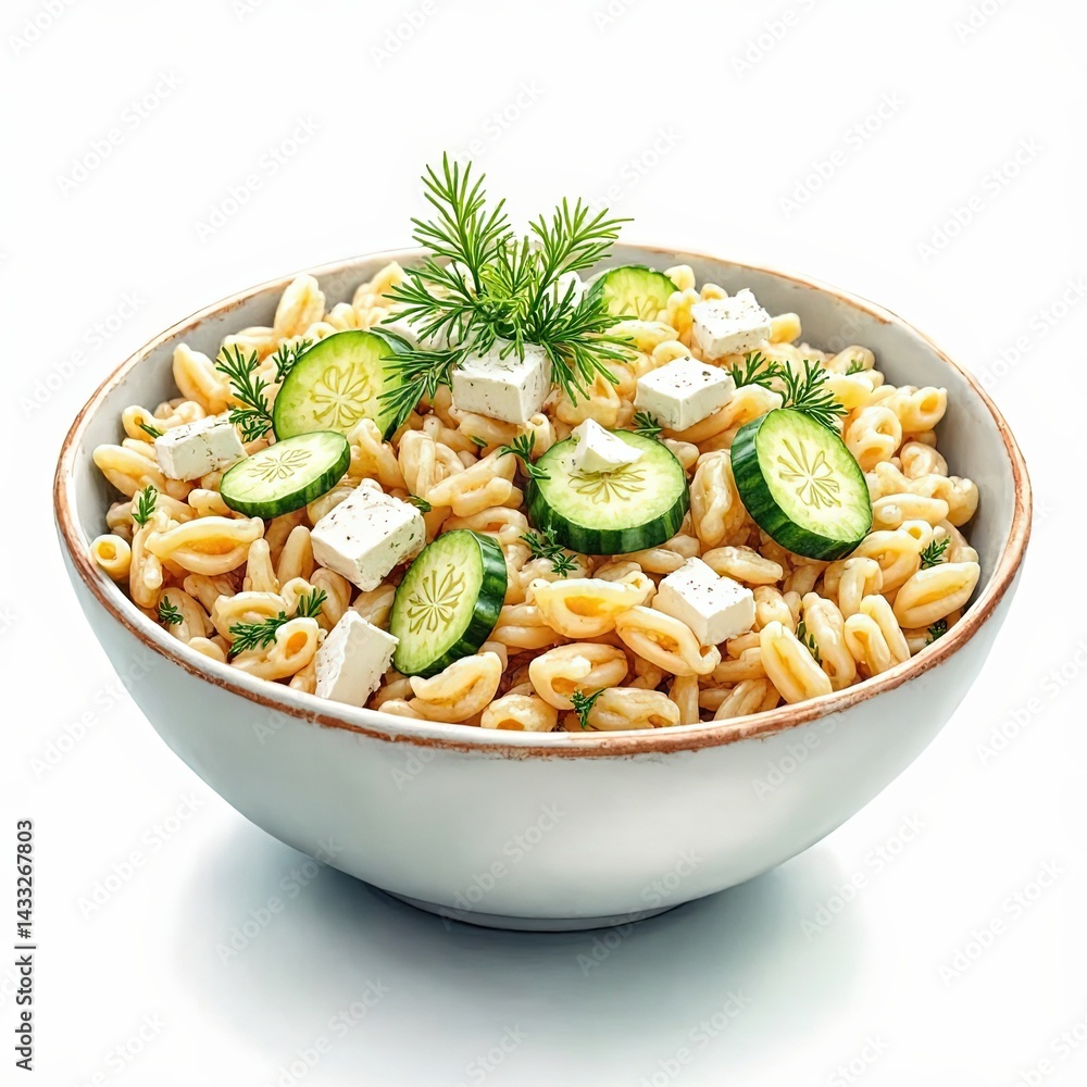 Delicious Greek Pasta Salad with Feta Cheese, Cucumber, and Dill Watercolor Illustration Delicious Greek Pasta Salad with Feta Cheese, Cucumber, and Dill Watercolor Illustration