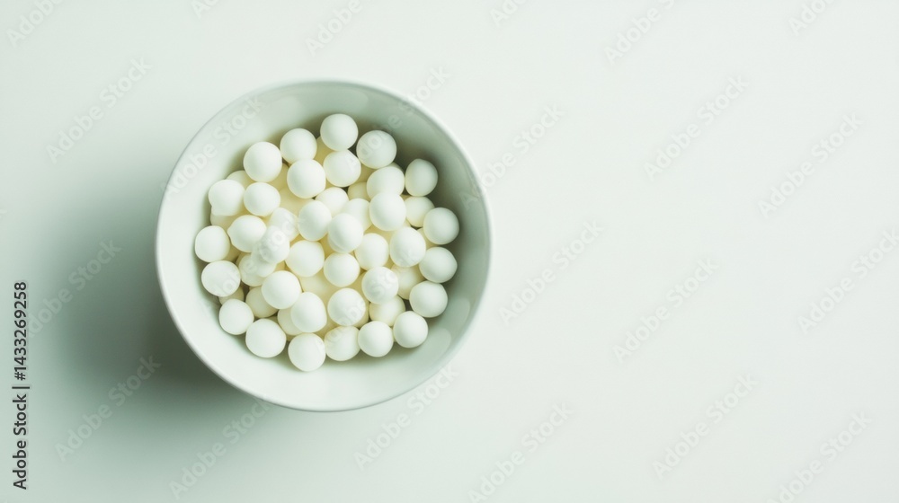White bowl with small mints on pastel background White bowl with small mints on pastel background