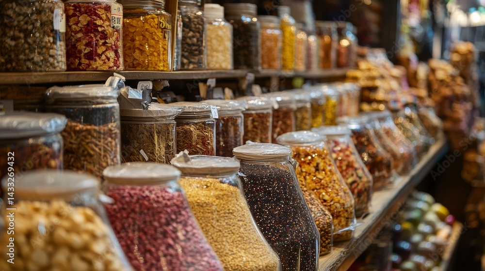 Fototapeta premium Bulk grain and spice market shelves