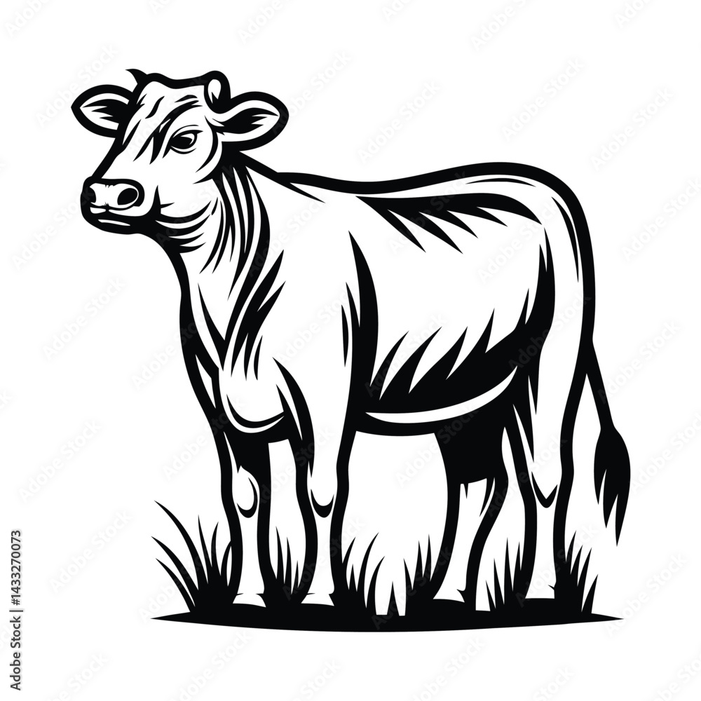 Fototapeta premium Black and White Cow Standing in Field, Illustration, Farm Animal, Outline