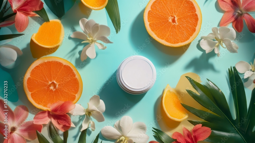 Tropical skincare flatlay with citrus and flowers Tropical skincare flatlay with citrus and flowers