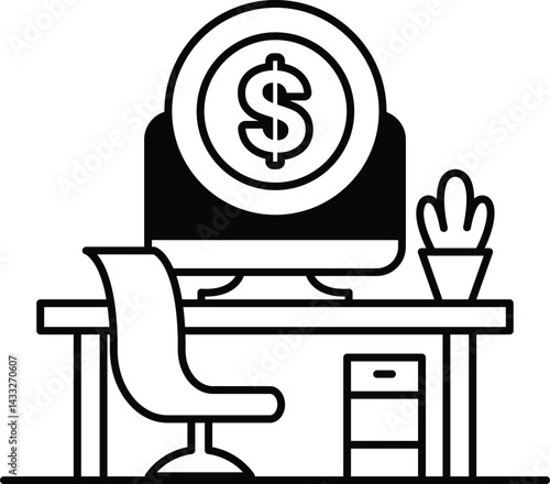 computer monitor with a dollar sign on it sits on a desk with a chair