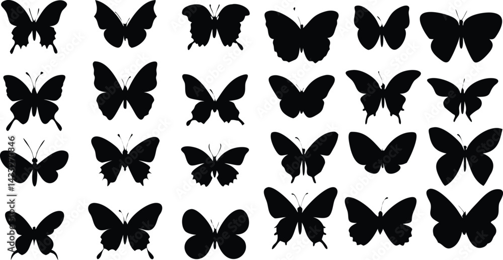 Fototapeta premium Flying butterflies silhouette black set isolated on transparent background. Butterfly collection