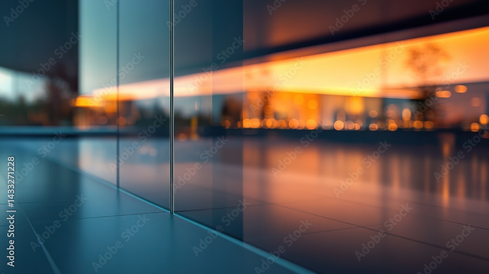 Fototapeta premium Modern architecture featuring reflective glass surfaces and warm lighting