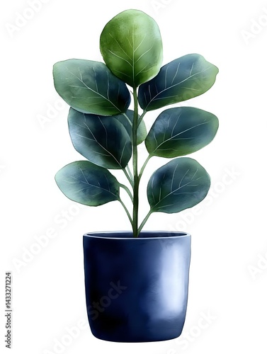 Green fiddle leaf fig plant with large oval leaves in navy blue ceramic pot, isolated on white background for home decor and botanical design elements.