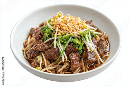 Kuay Tiew Reua, an iconic Thai dish. Traditional Thai boat noodles served with beef, fresh soybean sprouts, soy sauce, and ground peanuts, presented in white plate