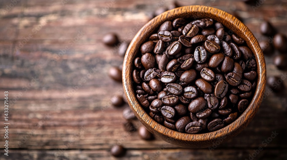 Fototapeta premium Coffee beans in rustic wooden bowl