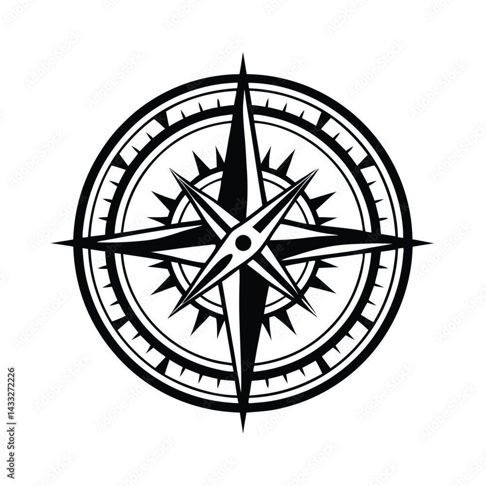 Intricate Compass Rose Silhouette, Black and White Circular Design Element, Navigation Tool Intricate Compass Rose Silhouette, Black and White Circular Design Element, Navigation Tool