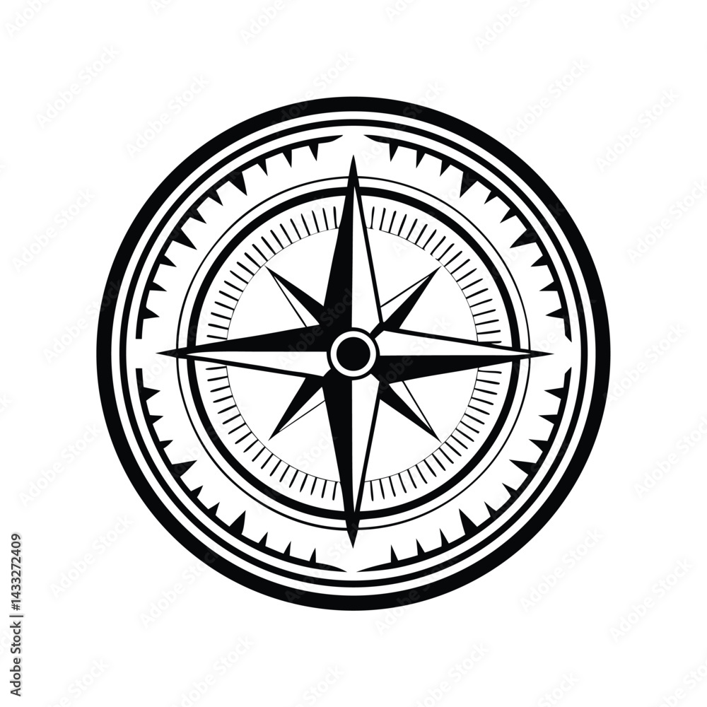 Black and White Compass Rose Circular Symbol with Geometric Details and Orientation Marks Black and White Compass Rose Circular Symbol with Geometric Details and Orientation Marks