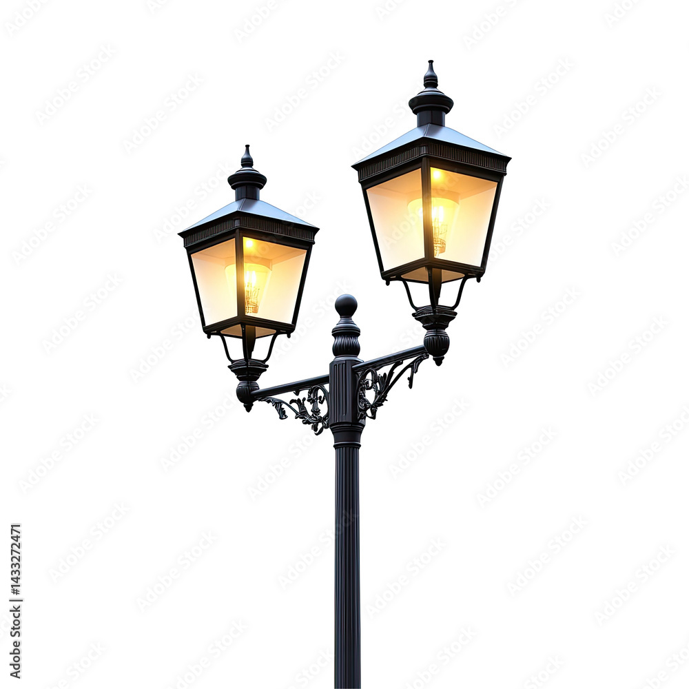 Antique street lamp, lit