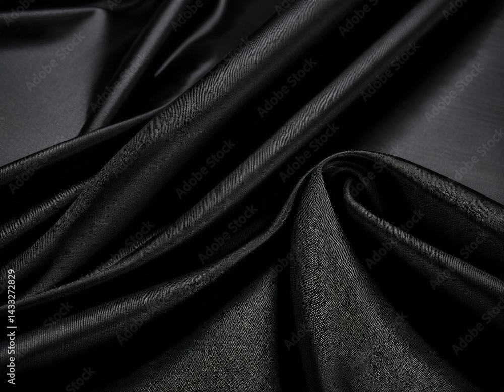 Fototapeta premium A luxurious black silk fabric drapes elegantly, showcasing its smooth texture and subtle sheen, perfect for high-end fashion or sophisticated decor.