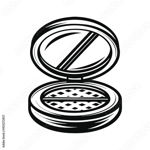 Black and White Cosmetic Compact Illustration, Powder Container, Open, Round Case