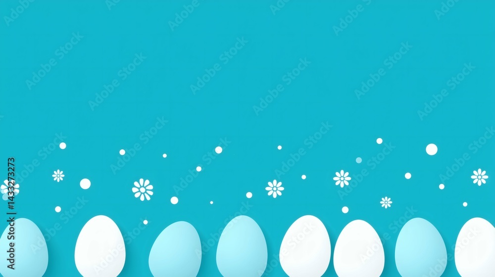 Blue Easter background with eggs and flowers, Minimal spring holiday concept, Festive backdrop with floral elements