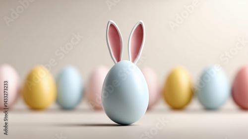 Obraz na płótnie Blue bunny egg in sharp focus, Blurred pastel eggs in background, Soft Easter portrait with shallow depth w salonie