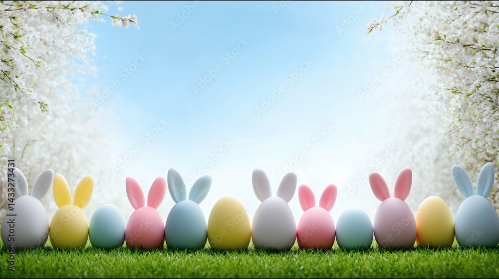 Bunny ear eggs on spring grass background, Pastel Easter eggs with ears in a row, Whimsical holiday concept with clear sky and blossoms