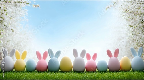 Obraz na płótnie Bunny ear eggs on spring grass background, Pastel Easter eggs with ears in a row, Whimsical holiday concept with clear sky and blossoms w salonie