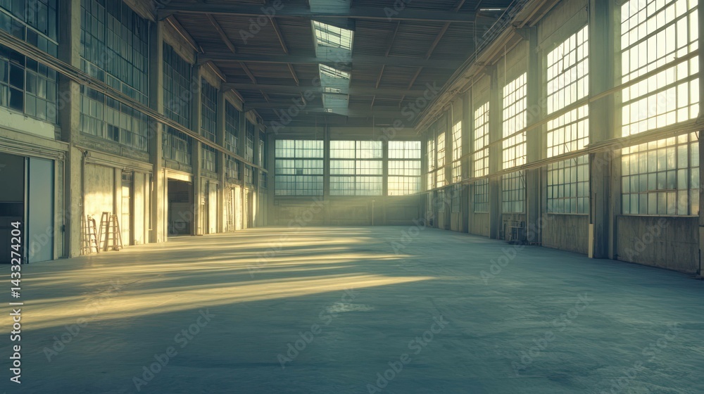 Empty factory showcases spacious interior, large windows, concrete floor, sunlight, creating industrial atmosphere. Empty factory showcases spacious interior, large windows, concrete floor, sunlight, creating industrial atmosphere.