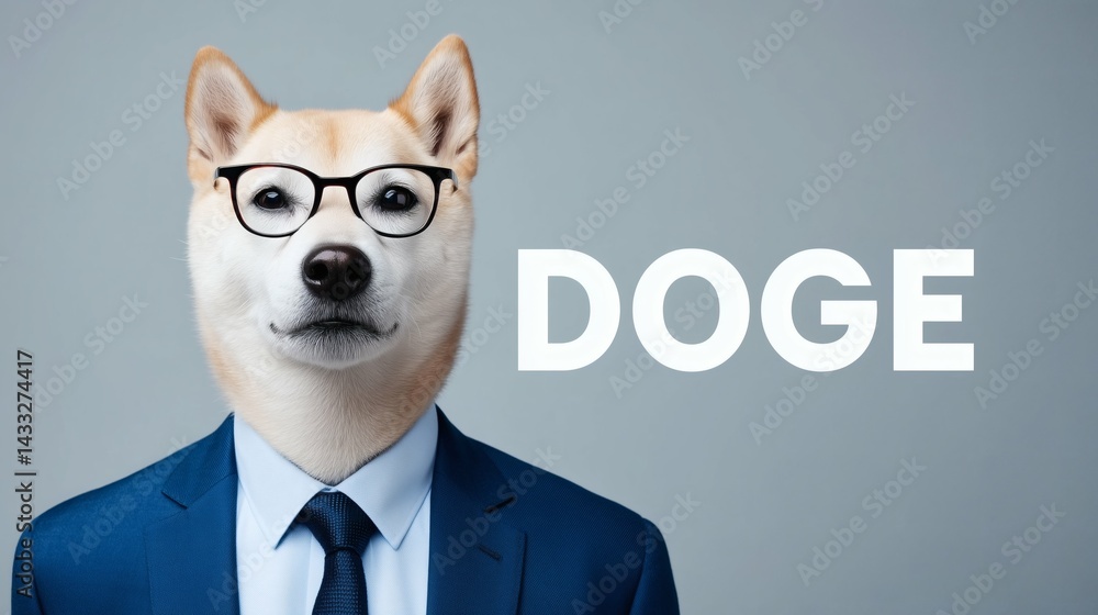 Dog in suit and glasses, Shiba inu with DOGE text, Funny meme dog image for business parody concept