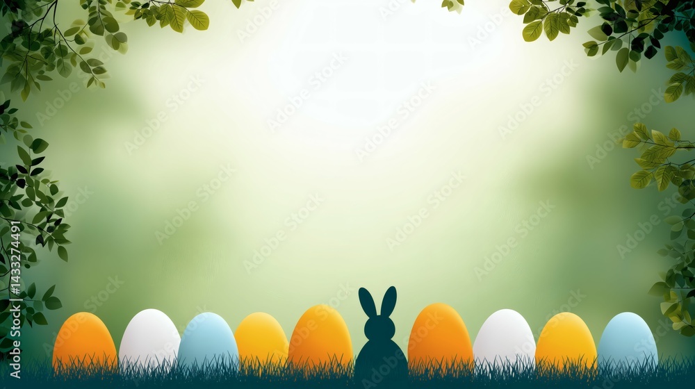 Easter eggs and bunny in spring forest, Nature themed Easter background with eggs, Whimsical holiday design with forest foliage