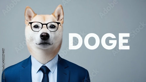 Obraz na płótnie Dog in suit and glasses, Shiba inu with DOGE text, Funny meme dog image for business parody concept w salonie