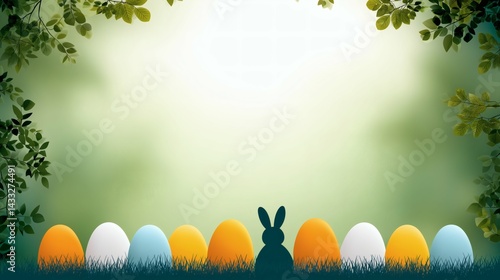 Obraz na płótnie Easter eggs and bunny in spring forest, Nature themed Easter background with eggs, Whimsical holiday design with forest foliage w salonie
