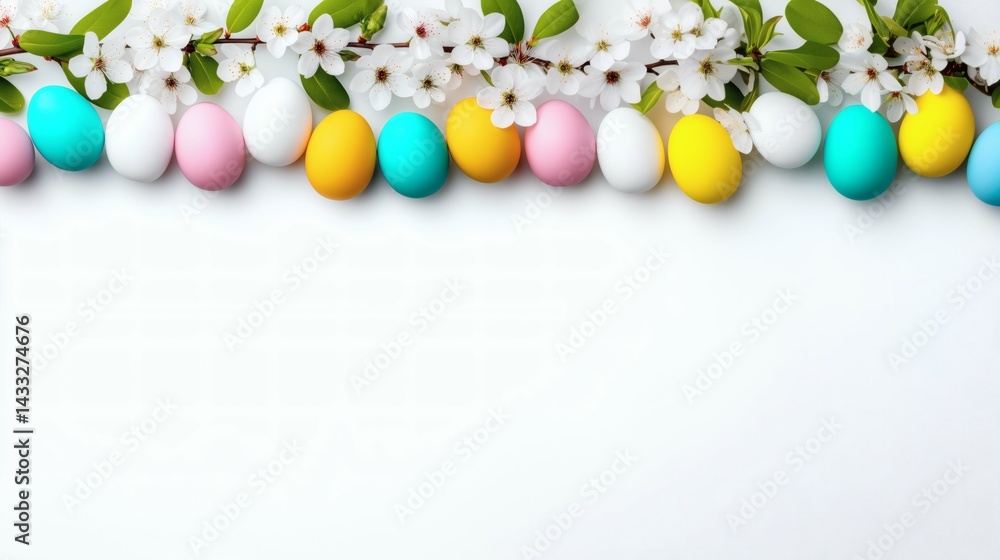 Easter eggs with floral cherry branch, Bright and festive spring layout, Minimal background for holiday banner design