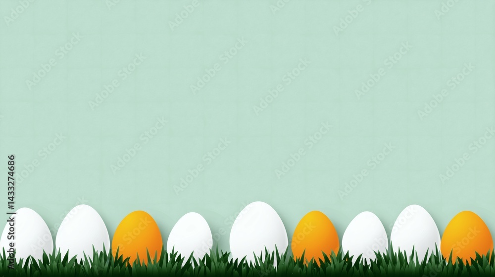 Easter eggs in grass on mint background, Minimal holiday design with white and yellow eggs, Festive spring banner for seasonal use