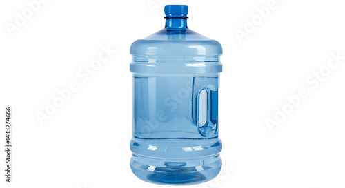 Tall, clear plastic five-gallon water jug filled with purified water and sealed with a blue cap, featuring a convenient carrying handle.