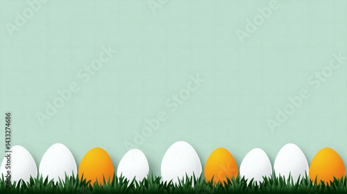 Obraz na płótnie Easter eggs in grass on mint background, Minimal holiday design with white and yellow eggs, Festive spring banner for seasonal use w salonie