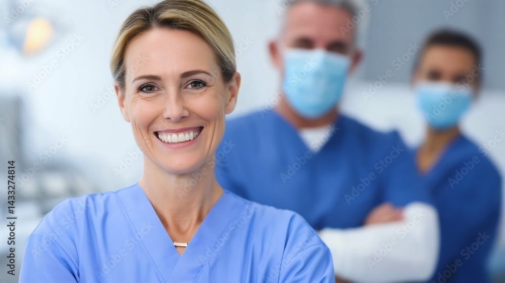 Female nurse with smile in clinic, Medical team in background, Confident healthcare worker in hospital concept