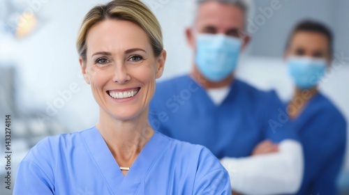 Obraz na płótnie Female nurse with smile in clinic, Medical team in background, Confident healthcare worker in hospital concept w salonie