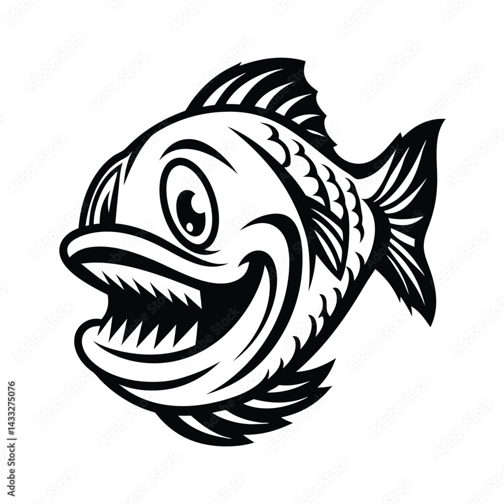Black Silhouette of Fish with Sharp Teeth, Open Mouth, and Detailed Fins Isolated Black Silhouette of Fish with Sharp Teeth, Open Mouth, and Detailed Fins Isolated