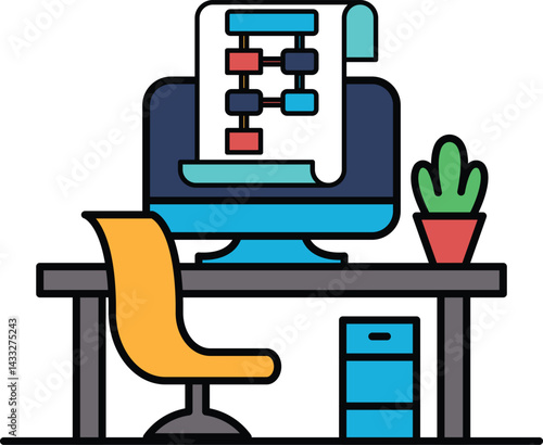 A computer monitor sits on a desk with a plant and a chair