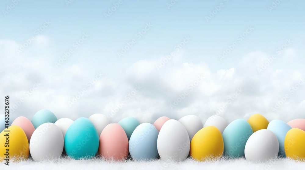 Pastel Easter eggs with cloudy sky, Soft colored eggs in spring snow, Calm and dreamy seasonal holiday background