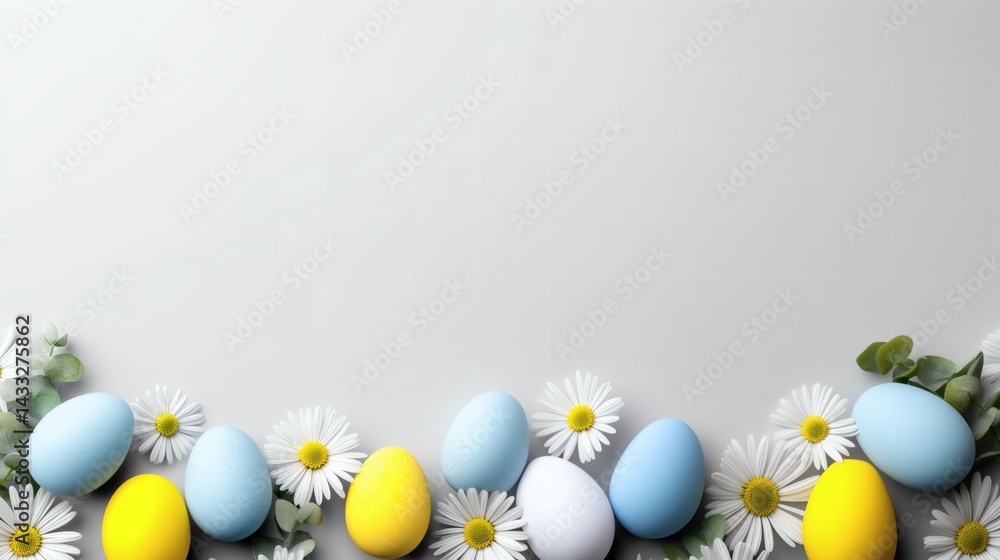 Pastel Easter eggs with white daisies, Soft spring holiday layout, Floral Easter background for seasonal use
