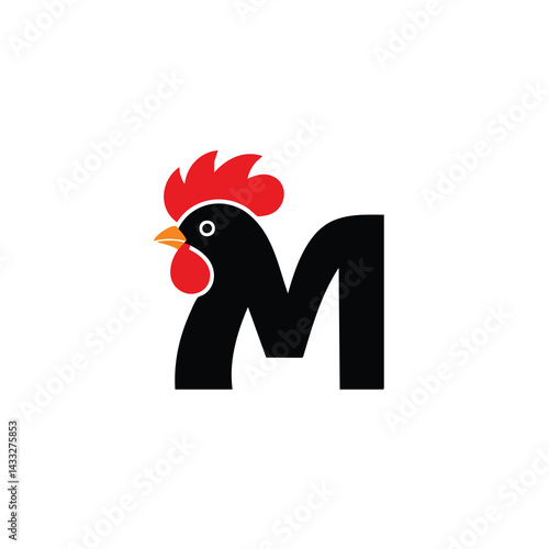 Letter M logo design combined with rooster head icon symbol for farm food restaurant or poultry brand identity.
