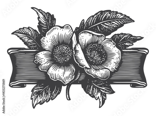Vintage Floral Engraving with Two Roses and Decorative Banner