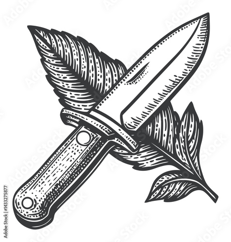 Vintage Engraving of Knife with Leaves in Woodcut Style