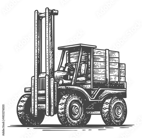 Vintage Woodcut Style Illustration of a Forklift with Cargo