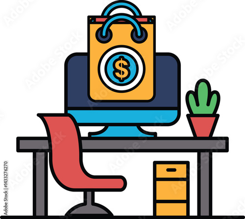 A computer monitor is on a desk with a shopping bag and a dollar sign