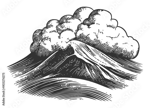 Vintage Engraving of a Mountain with Clouds in Fine Artistic Style