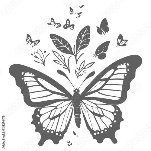 Monochrome vector graphic with butterfly and foliage motif for design projects