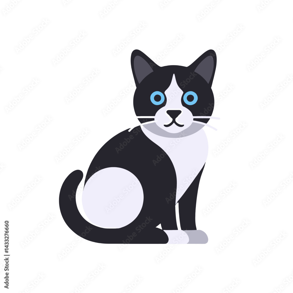 Fototapeta premium Black-and-White-Cat-Blue-Eyes-Illustration-Cute-Pet